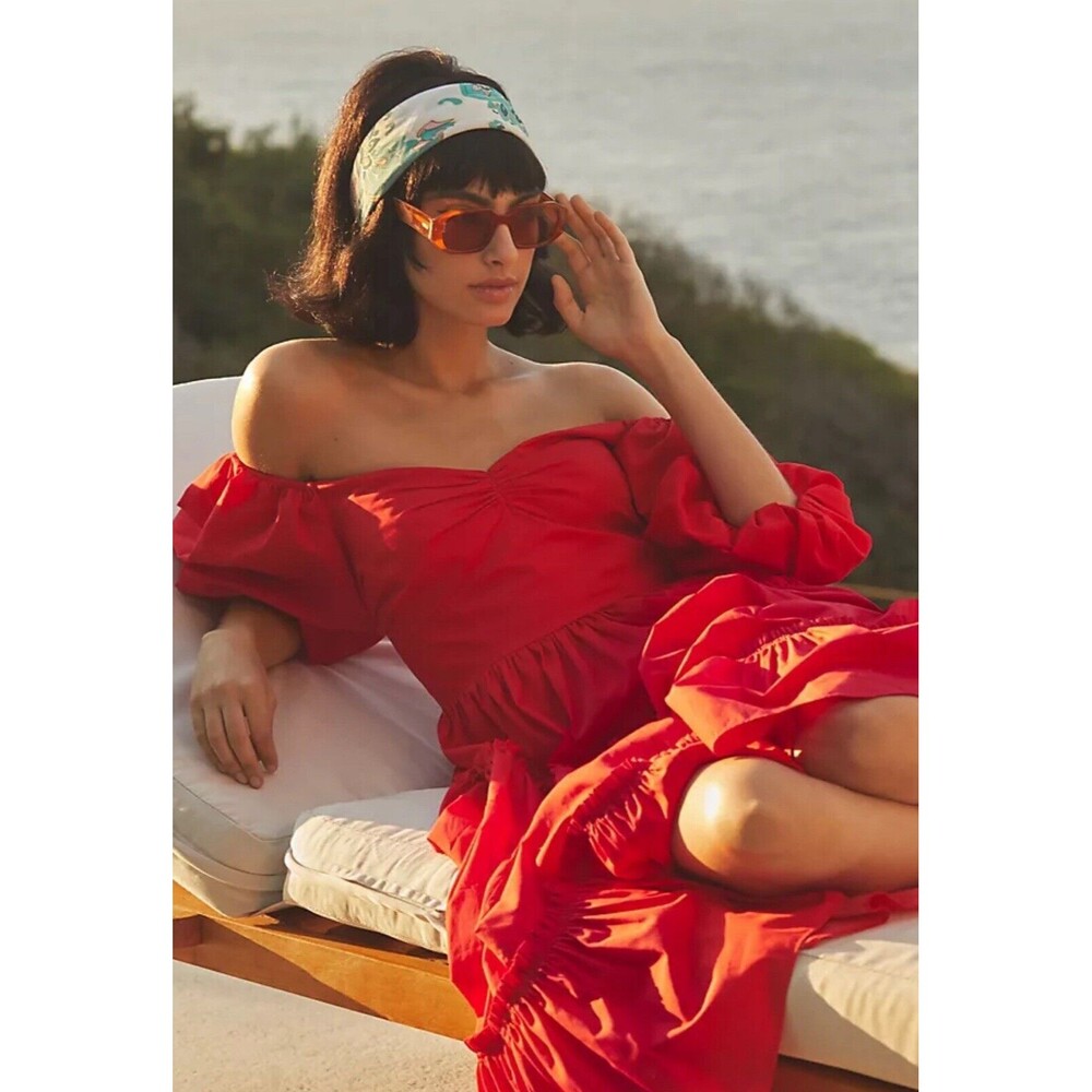 Anthropologie ATSU Dress Women 6 Red Off-The-Shoulder Preppy Poplin Sundress NWT - Picture 1 of 16